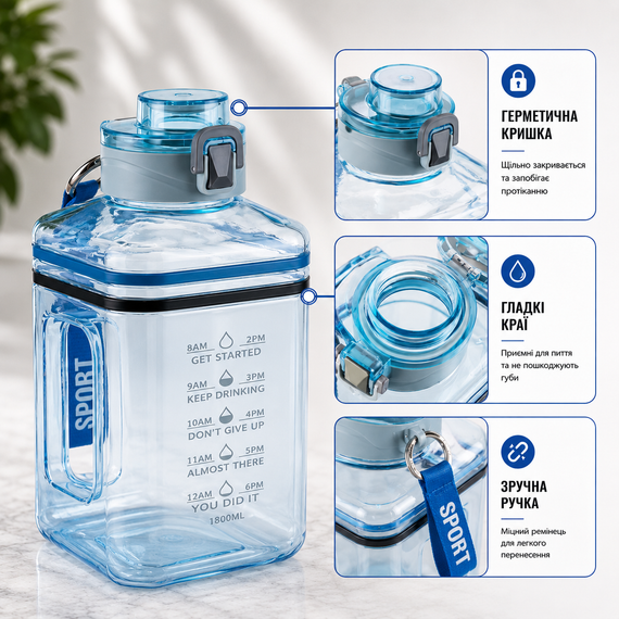 Спортивная Бутылка 2200 мл (Gallon) из голубого прозрачного и безопасного пластика (BPA Free) | Зображення 3