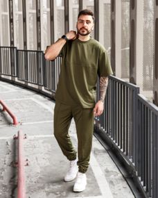 Мужской летний спортивный костюм двойка футболка + штаны BD0016 размер S, цвет хаки