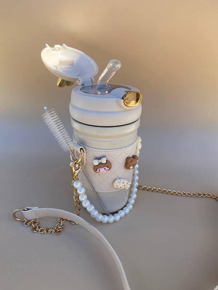 Термос непроливайка поїльник з трубочкою 480мл Бежевий Зайчик +щіточка в подарунок