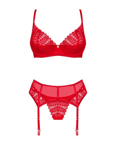Комплект Obsessive Ingridia 3-pcs set XL/2XL, красный, бюстгальтер, стринги, пояс | Зображення 2