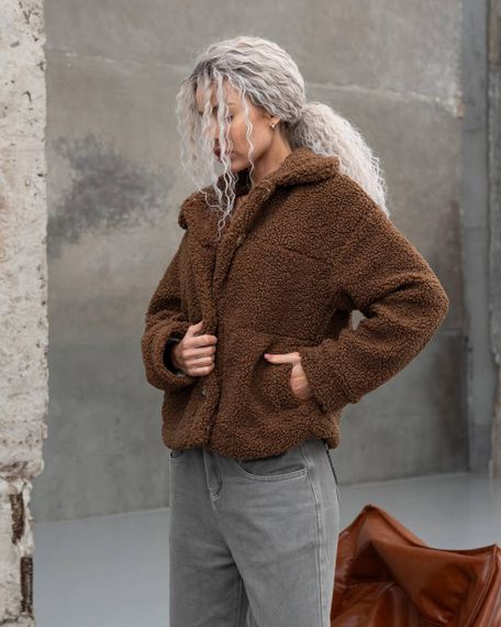 Женская короткая куртка мех Тедди, MN0002  цвет коричневый, размер S | Зображення 5