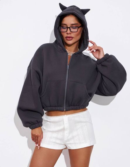 Женское теплое укороченное худи на флисе с рожками LU607, цвет темно-серый (графит), размер 46/48 | Зображення 5