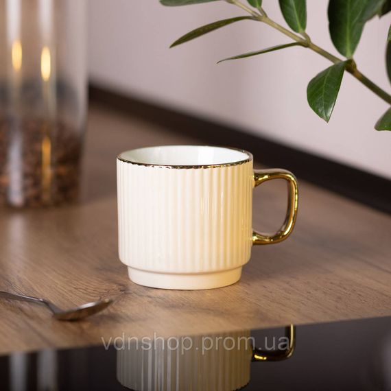 Чашка фарфоровая с золотым ободком и золотой ручкой 300 (мл) Бежевая RX-N231129BE | Зображення 3
