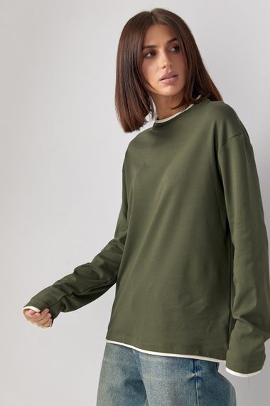 Жіночий лонгслів oversize з контрастною окантовкою по краях - хакі цвет, ONE SIZE (є розміри) | Зображення 4