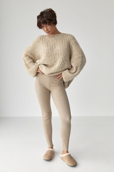 В'язані трикотажні лосини в рубчик - бежевий цвет, ONE SIZE (є розміри) | Зображення 2