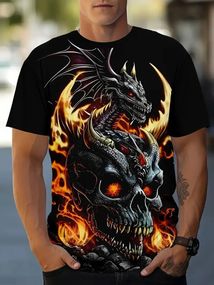 Футболка мужская с 3D принтом Огненный Череп с Драконом для активных людей, готов, байкеров L 52
