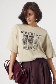 Бавовняна футболка вільного крою з написом Ice Cream - кавовий цвет, ONE SIZE (є розміри)