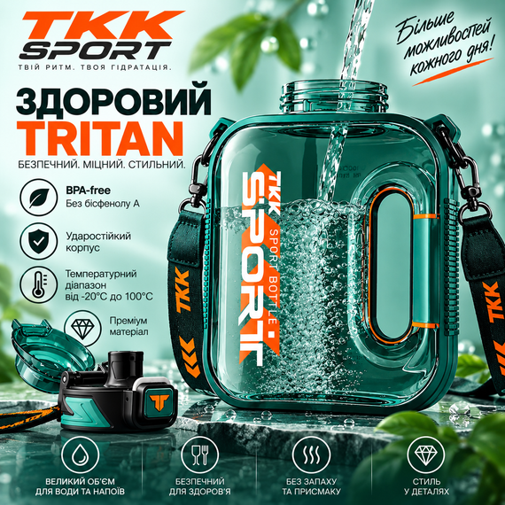 Спортивна пляшка TKK SPORT 1600 мл із Tritan — зелена прозора, ударостійка, BPA Free, з ремінцем для перенесення | Зображення 8