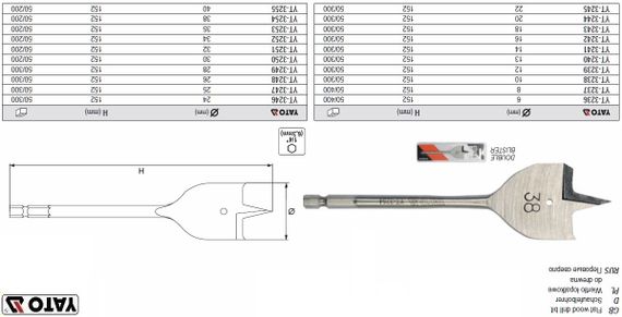 Сверло перовое YATO дерево хвостовик 6 граней 1/4" Ø=38 l=152 YT-3254