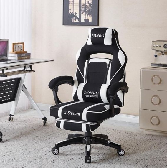 Крісло геймерське з тканини Bonro Бонро B-141 чорно-біле з підставкою для ніг (42401112) | Зображення 1