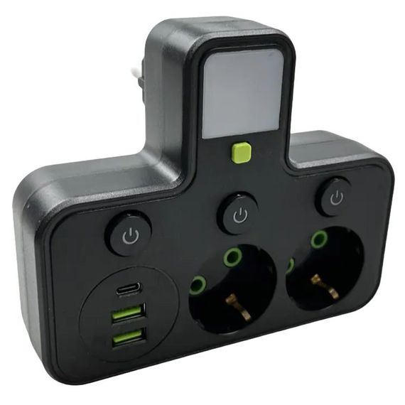Мережевий фільтр з підсвіткою 2500 Вт, 2 розетки, 2xUSB + Type-C, HG-275, Чорний/розгалужувач у розетку / Мережевий трійник | Зображення 4