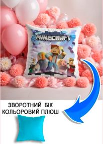 Подушка плюшева Мерч Крафт Дизайн з принтом Майнкрафт Minecraft 3 блакитний плюш квадратна 33х33 см