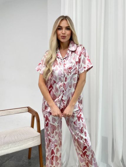 Шовкова рожева піжамка з сердечками з коротким рукавом | Зображення 4
