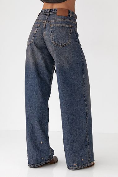 Жіночі джинси на зав'язках із потертостями - темно-синій цвет, 40р (є розміри) | Зображення 1