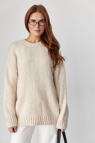 В'язаний жіночий джемпер oversize - бежевий цвет, ONE SIZE (є розміри) | Зображення 5