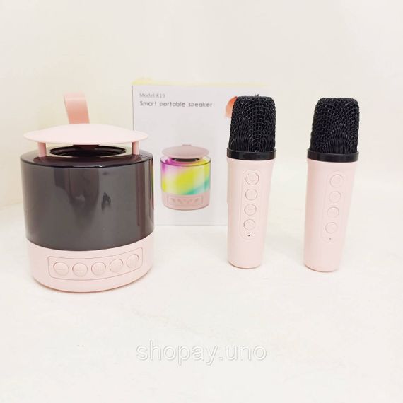 Портативная Bluetooth колонка K19 с подсветкой LED и двумя микрофонами для караоке Pink LI-49 | Зображення 6