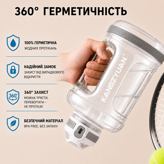 Бутылка для воды KANGZYUAN 1500 мл Tritan BPA Free Белая (с ручкой и ремешком) | Зображення 5