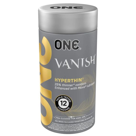 Презервативи ONE Vanish Hyperthin, 12 шт, ультратонкі, зі змазкою, подарункове паковання-тубус sexstyle