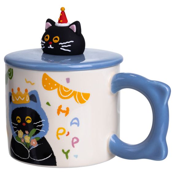 Кубок порцелянова з кришкою Kitten's Birthday 400 (мл) подарункова кружка прикольна чашка для дітей на подарунок Синій FM-24A | Зображення 1