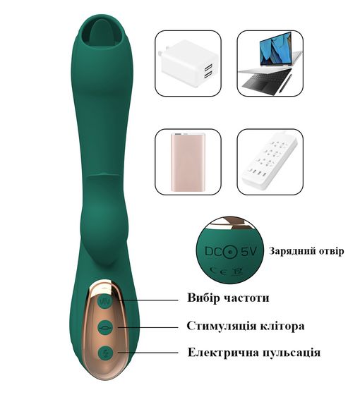 Вібратор з електростимуляцією та язичком (зелений, USB) | Зображення 2