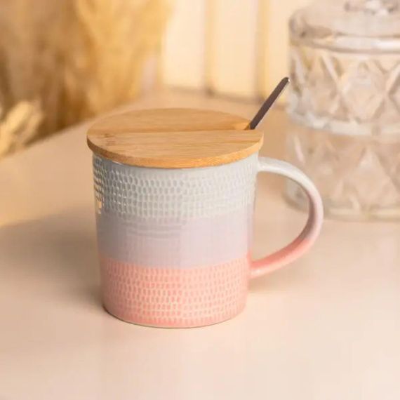 Чашка с бамбуковой крышкой и ложкой фарфоровая 350 мл Розовый HP7201P | Зображення 1