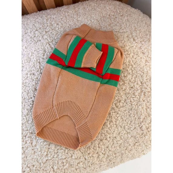 Брендовый свитер для собак GUCCI с зелено-красной полосой, бежевый | Зображення 2