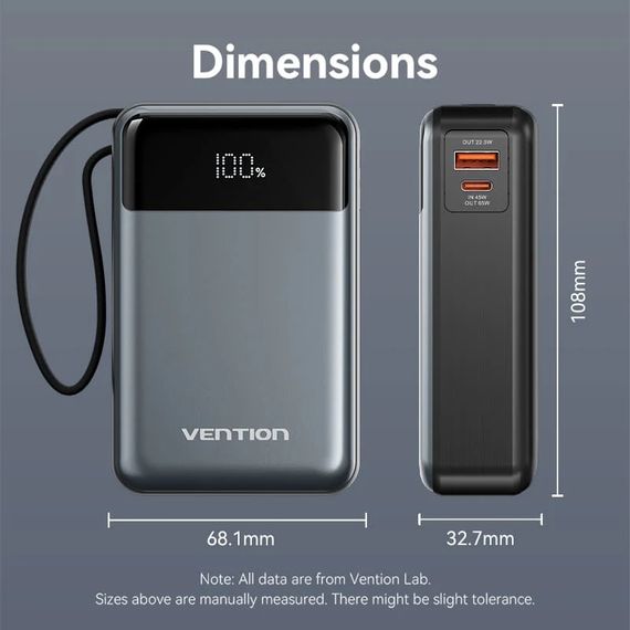 УМБ Vention 20000mAh 65W 3A PD,QC3.0,USB-A,1хType-C OUT,with Built-in USB-C Cable, LED Display,Black | Зображення 5