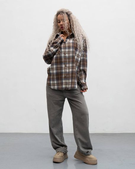 Женская фланелевая рубашка в клетку на пуговицах свободная, MN0003  цвет бежевый, размер L/XL | Зображення 4