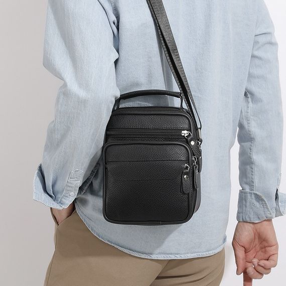 Чоловіча шкіряна барсетка через плече компактна функціональна з ручкою чорна 86802 | Зображення 2