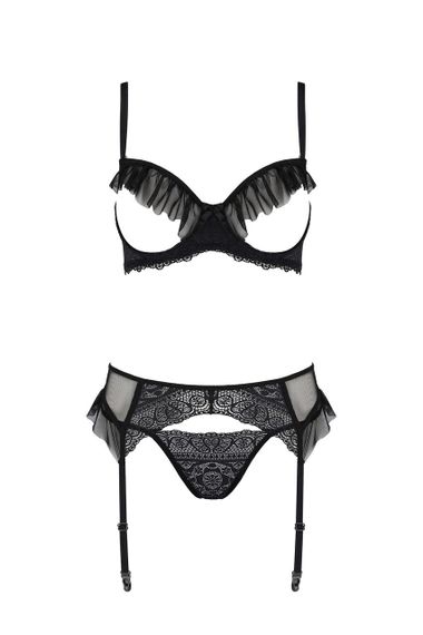Комплект Passion KERRIA SET WITH OPEN BRA black, S/M, бюстгальтер с открытой чашкой, стринги, пояс для чулок | Зображення 2