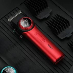 Машинка для стрижки волосся акумуляторна з 10 насадками та LED дисплеєм VGR V-001 Чорна з червоним