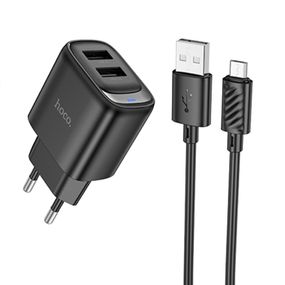 СЗУ Hoco C141A Smart 2.1A (2USB-A) + кабель USB to MicroUSB Black