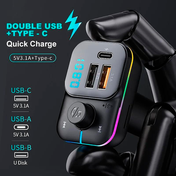 Автомобильный FM ФМ модулятор Terra С24, Bluetooth 5.0, трансмиттер, USB 3.1А, Type C | Зображення 4