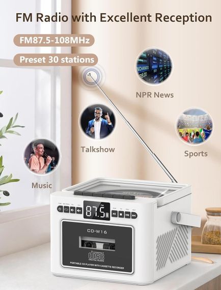 CD плеєр портативний перезаряджуваний Boombox із касетним плеєром, Bluetooth Boombox з акумулятором 5000 мА·год | Зображення 3
