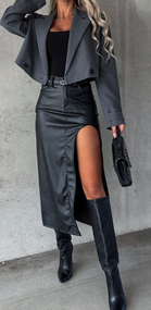 Женская утепленная юбка миди с высоким вырезом эко кожа на флисе LI2001 цвет черный, размер 42/44