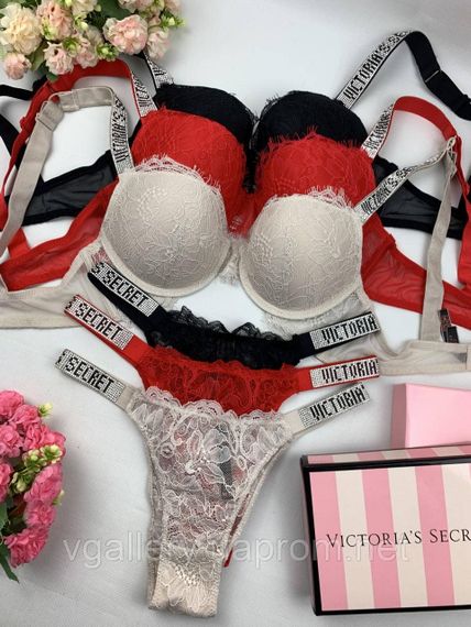 Мереживний комплект Вікторія Сікрет зі стразами, Бюстгальтер на поролоні, Мереживний Комплект Victoria's Secret
