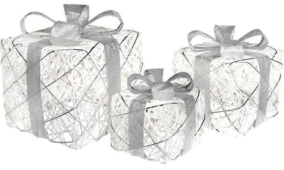 Набір декоративних подарунків - 3 коробки 15х20см, 20х25см, 25х30см з LED-підсвіткою, білий зі сріблом КОПІЯ