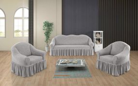 Жакардовий чохол на диван + 2 крісла Stone з спідницею кремово-сірий