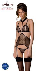 Корсет з відкритими грудьми Passion DOMINICA CORSET S/M black, пажі для панчіх, стрінги