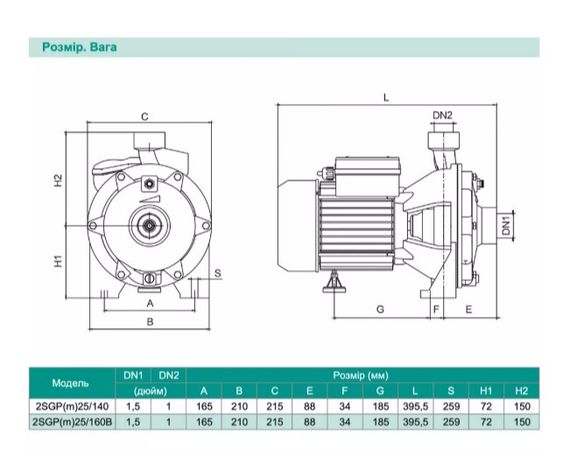 Відцентровий насос Shimge 2SGP(m) 25/140, 1.1кВт, Нmax=42 м, Qmax=170л/хв | Зображення 1