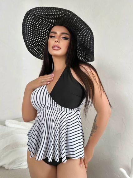 Стильний  чорно-білий купальник танкіні PLUS SIZE