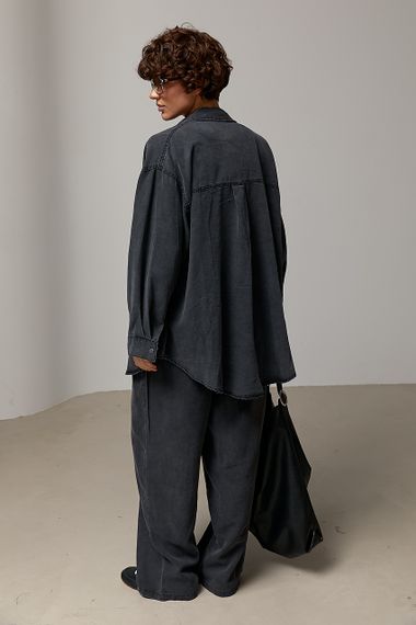 Вільний котоновий костюм із сорочки на кнопках і прямих штанів - чорний цвет, ONE SIZE (є розміри) | Зображення 1