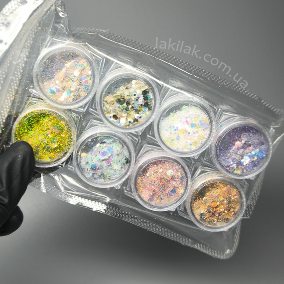 Набір декору брокард для дизайну нігтів (8 баночок)