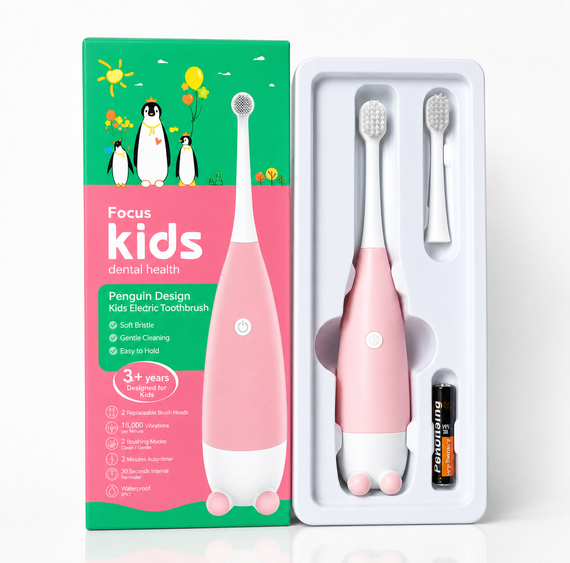 Дитяча електрична зубна щітка Пінгвінчик Focus Kids. Рожева