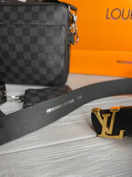 Мужской Ремень Louis Vuitton черный с золотистой пряжкой mb002 | Зображення 2