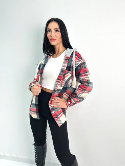 Женская теплая рубашка в клетку с капюшоном флис GF04163 цвет красный, размер 46/48 | Зображення 1