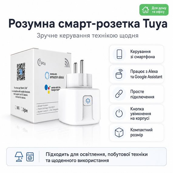 Wi-Fi смарт-розетка Tuya Smart Life 20A с мониторингом энергопотребления, таймером и управлением со смартфона | Зображення 1