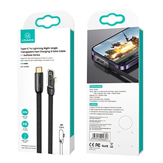 Дата кабель USAMS US-SJ583 Type-C to Lightning PD 20W Right-angle (1.2m) Black | Зображення 5