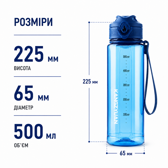 Бутылка для воды KANGZYUAN 500 мл Tritan спортивная, BPA Free, с герметичной крышкой, Голубой | Зображення 5