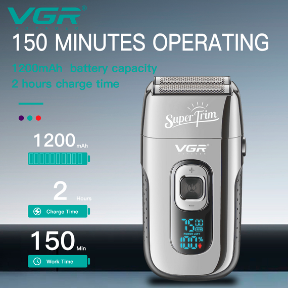 Электробритва VGR V-332 SILVER шейвер, двойное лезвие, триммер, LED дисплей | Зображення 3